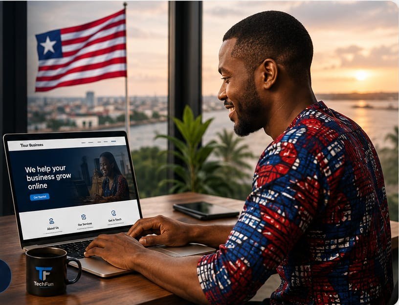 Liberian business owner smiling while reviewing his business website on a laptop, with the Liberian flag and Monrovia skyline at sunset in the background