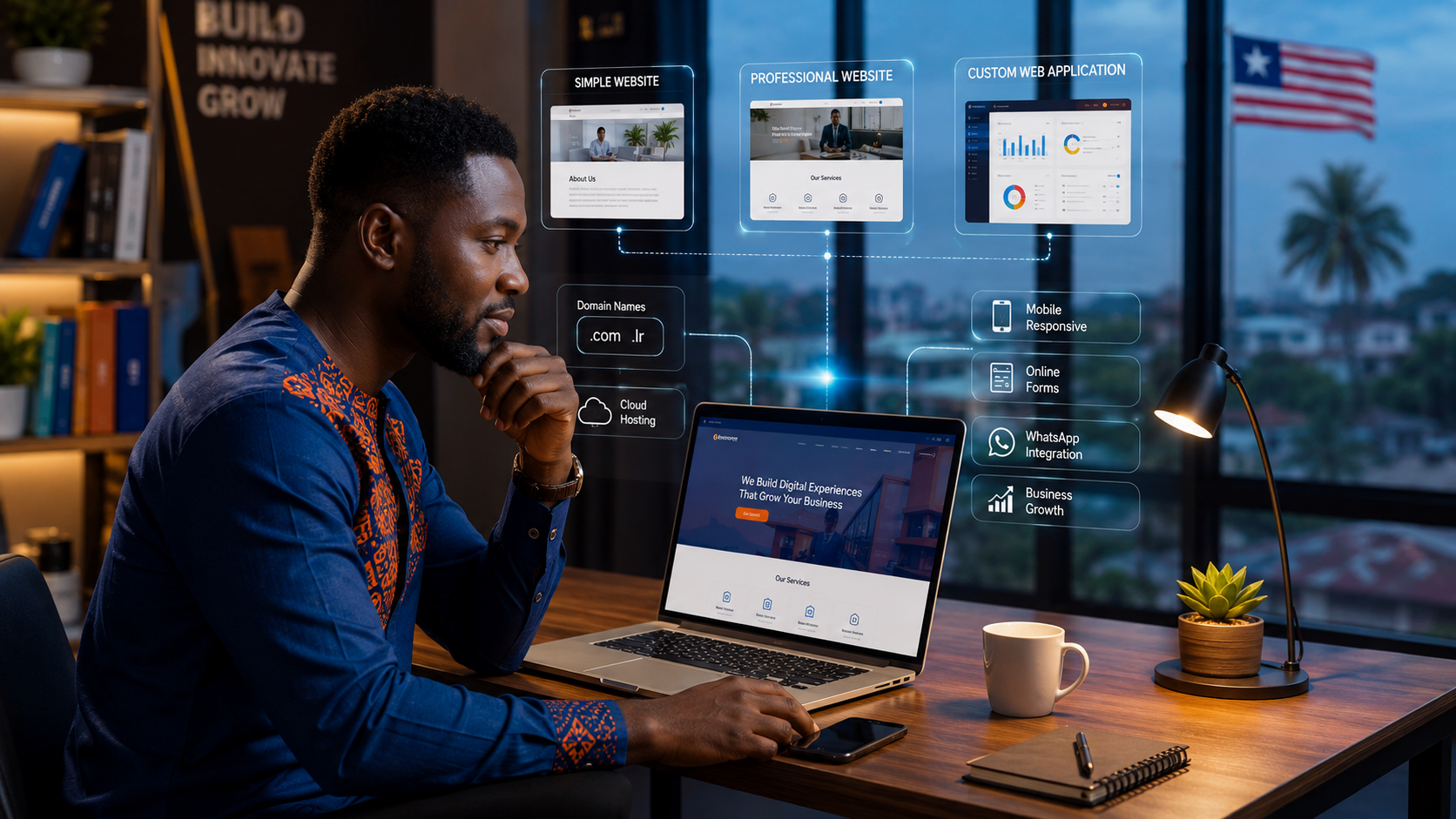 Liberian business owner comparing simple, professional, and custom website packages on a laptop